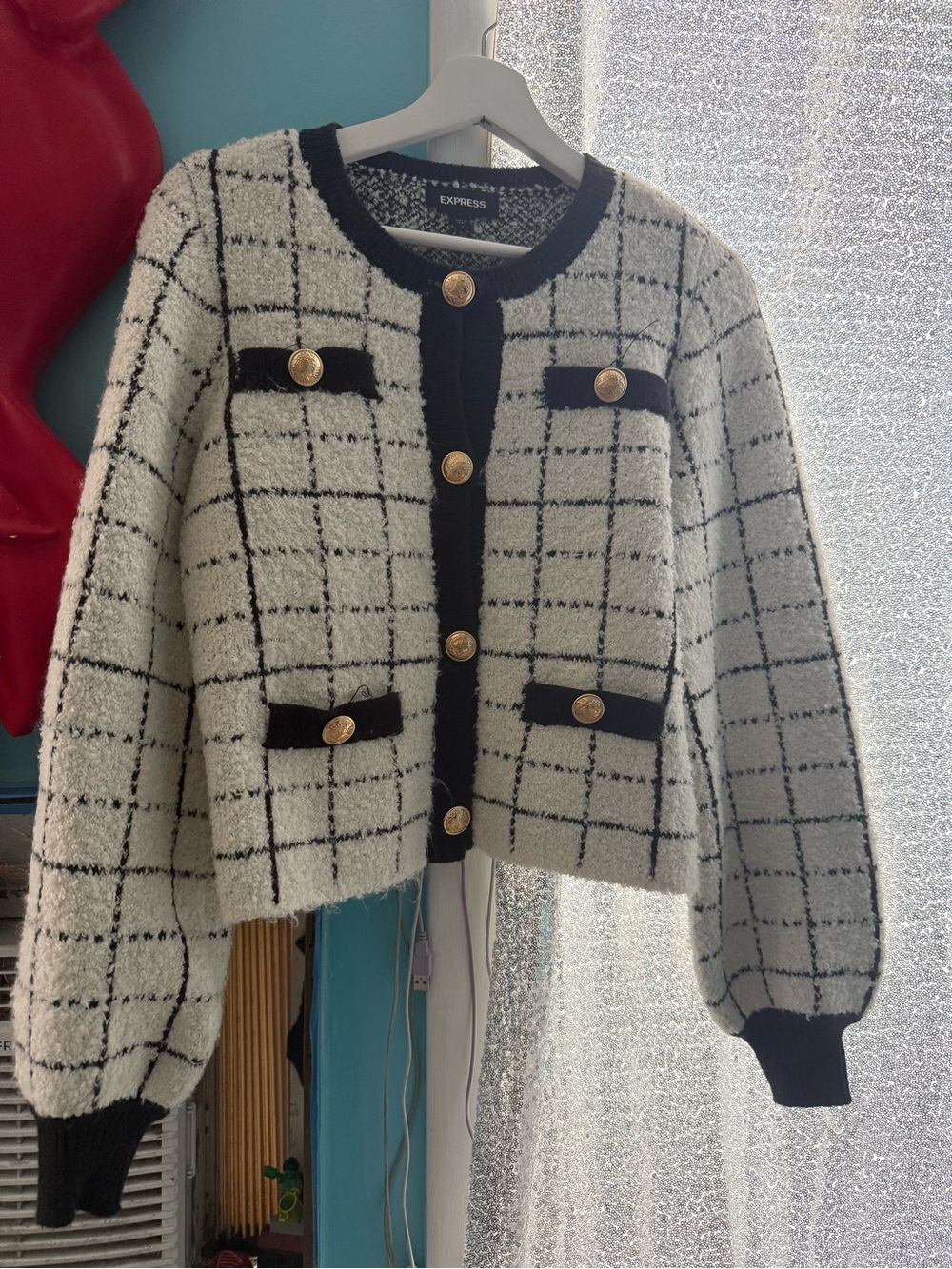 Express Black & White Windowpane Tweed-Style Cardigan Blazer